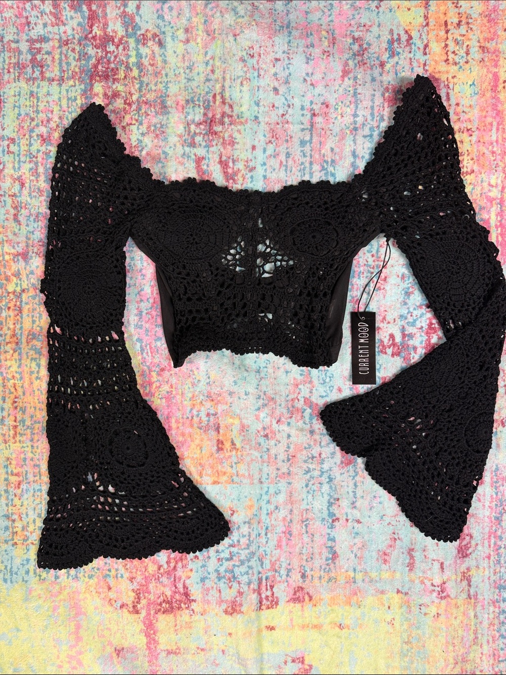 SEE MY BACK! Current Mood Black Crochet Off-Shoulder Bell Sleeve Crop Top